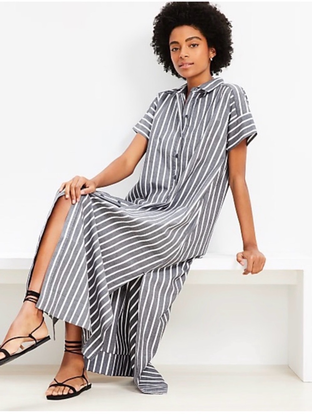 LOFT Striped Maxi Pocket Shirtdress Gray White Size 12